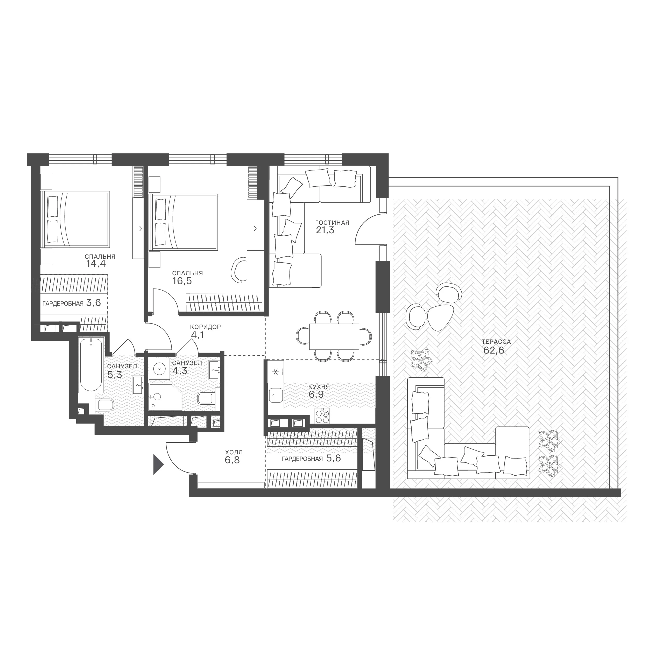 Планировка: 3-комнатная, 64,38 м²