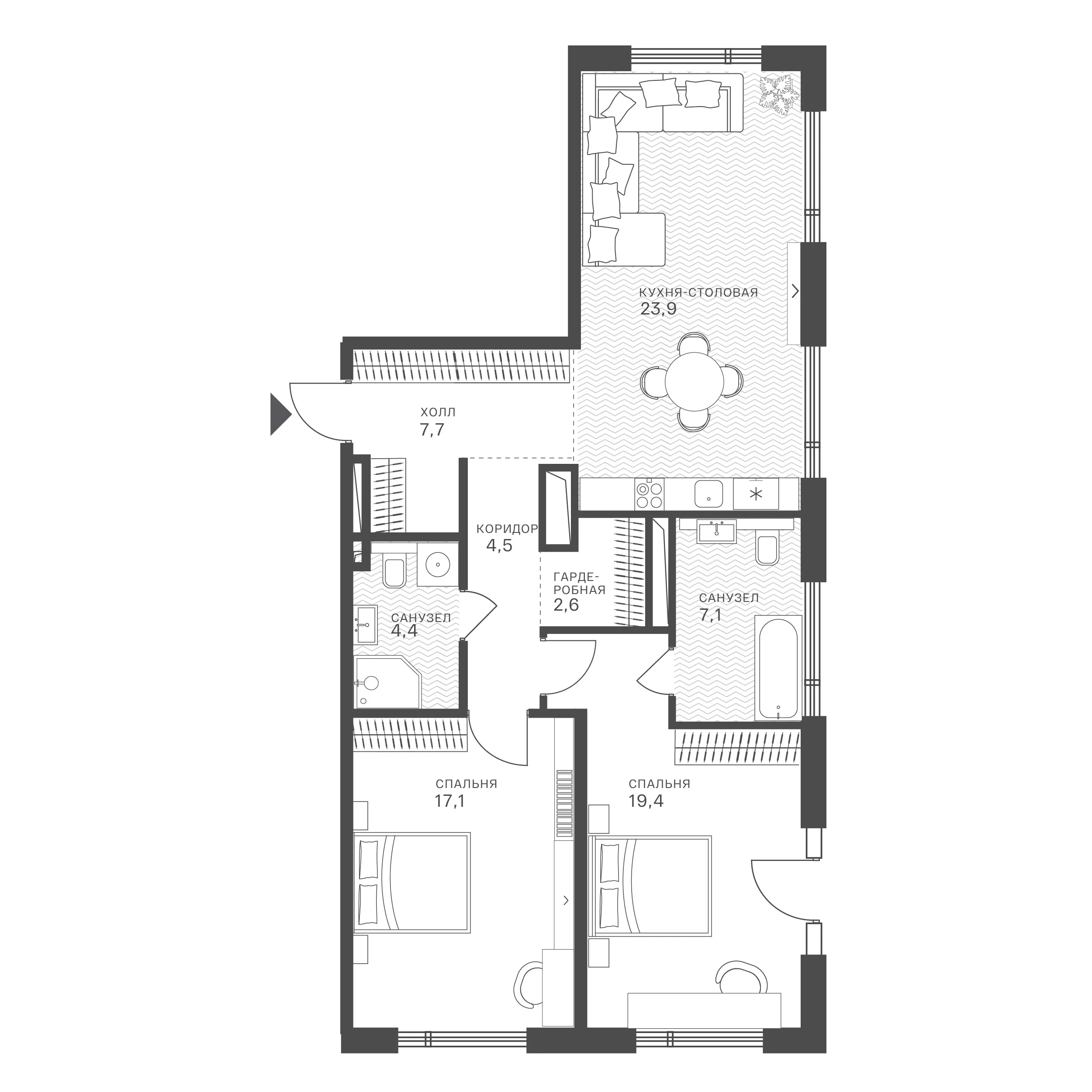 Планировка: 2-комнатная, 86,7 м²