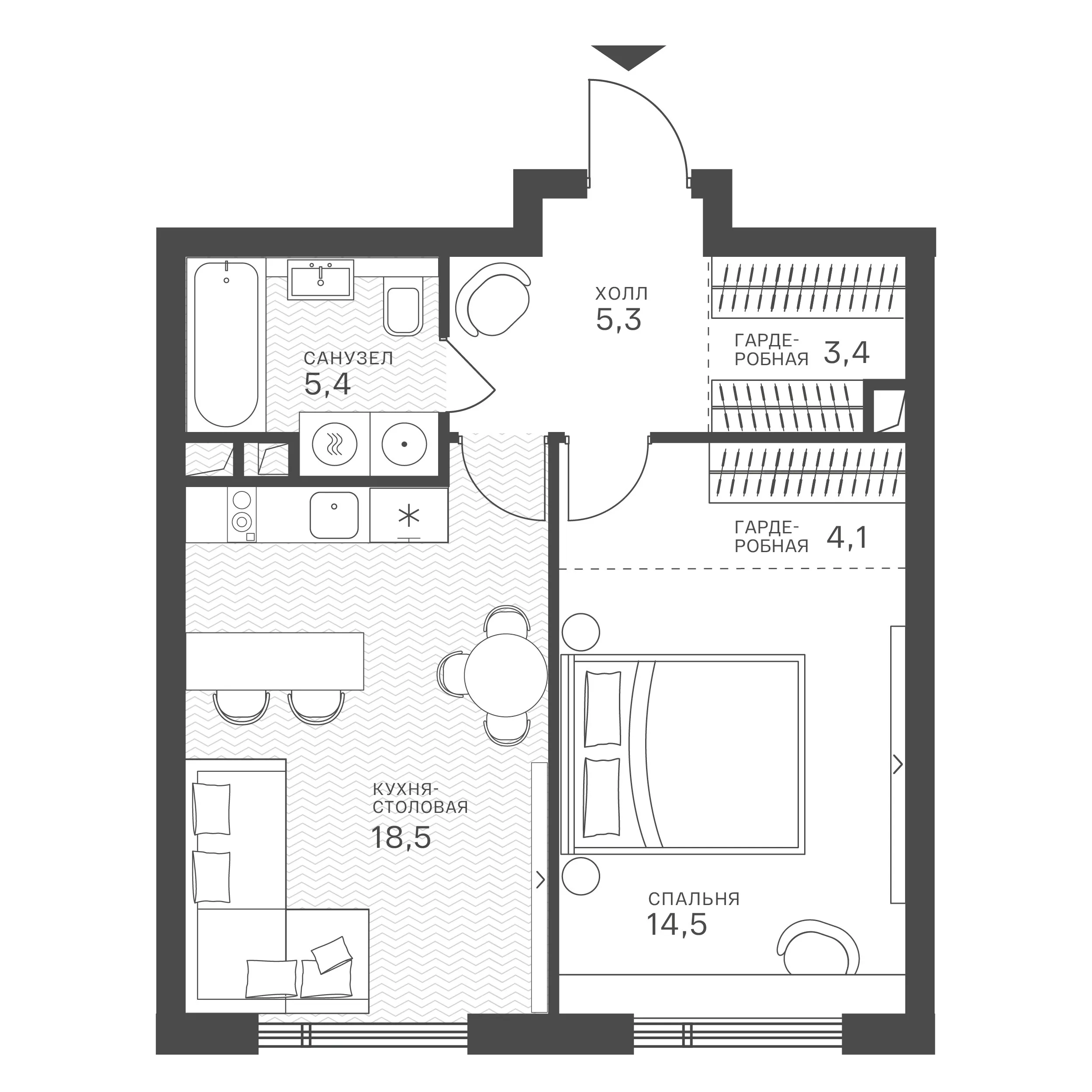 Планировка: 1-комнатная, 51,2 м²