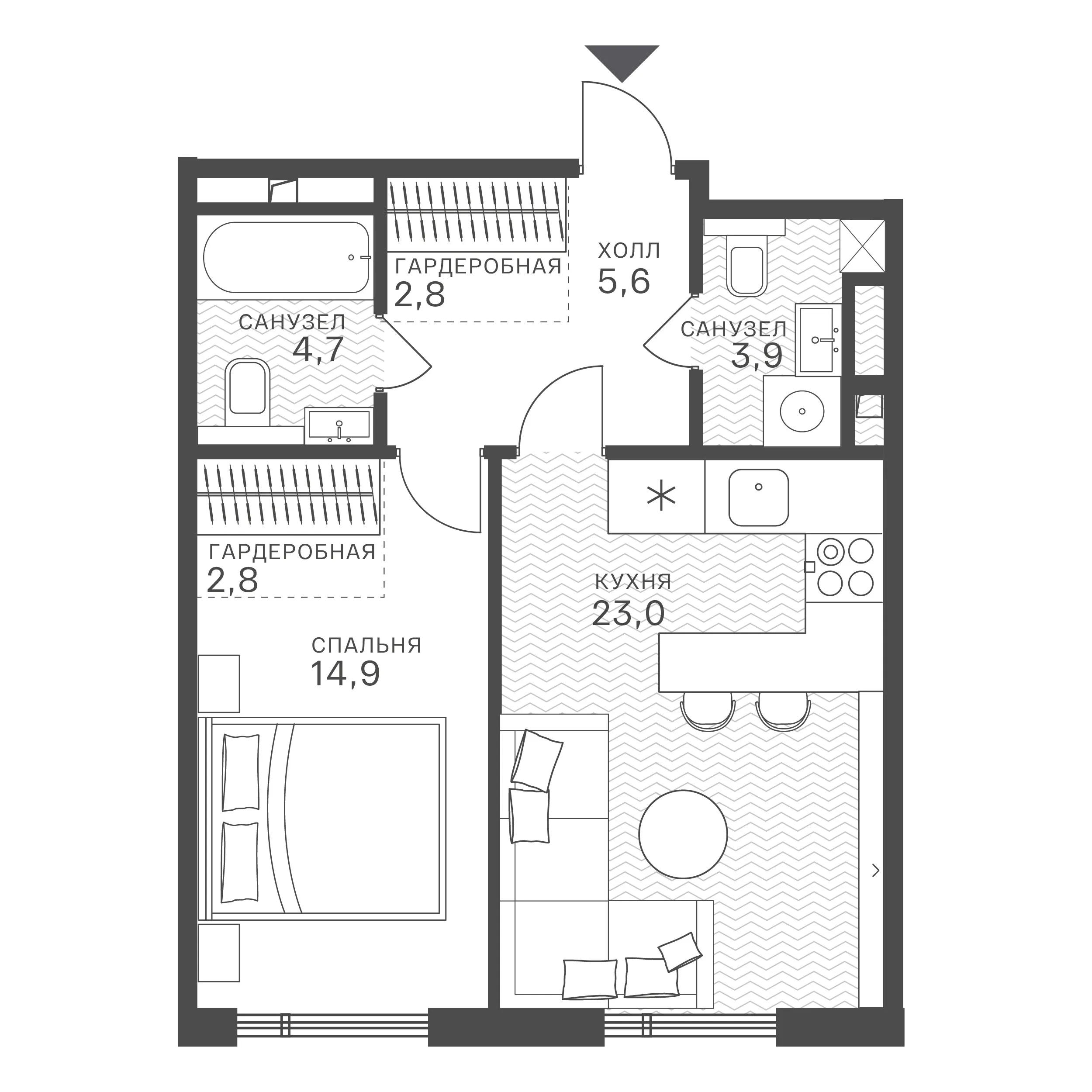 Планировка: 1-комнатная, 57,7 м²