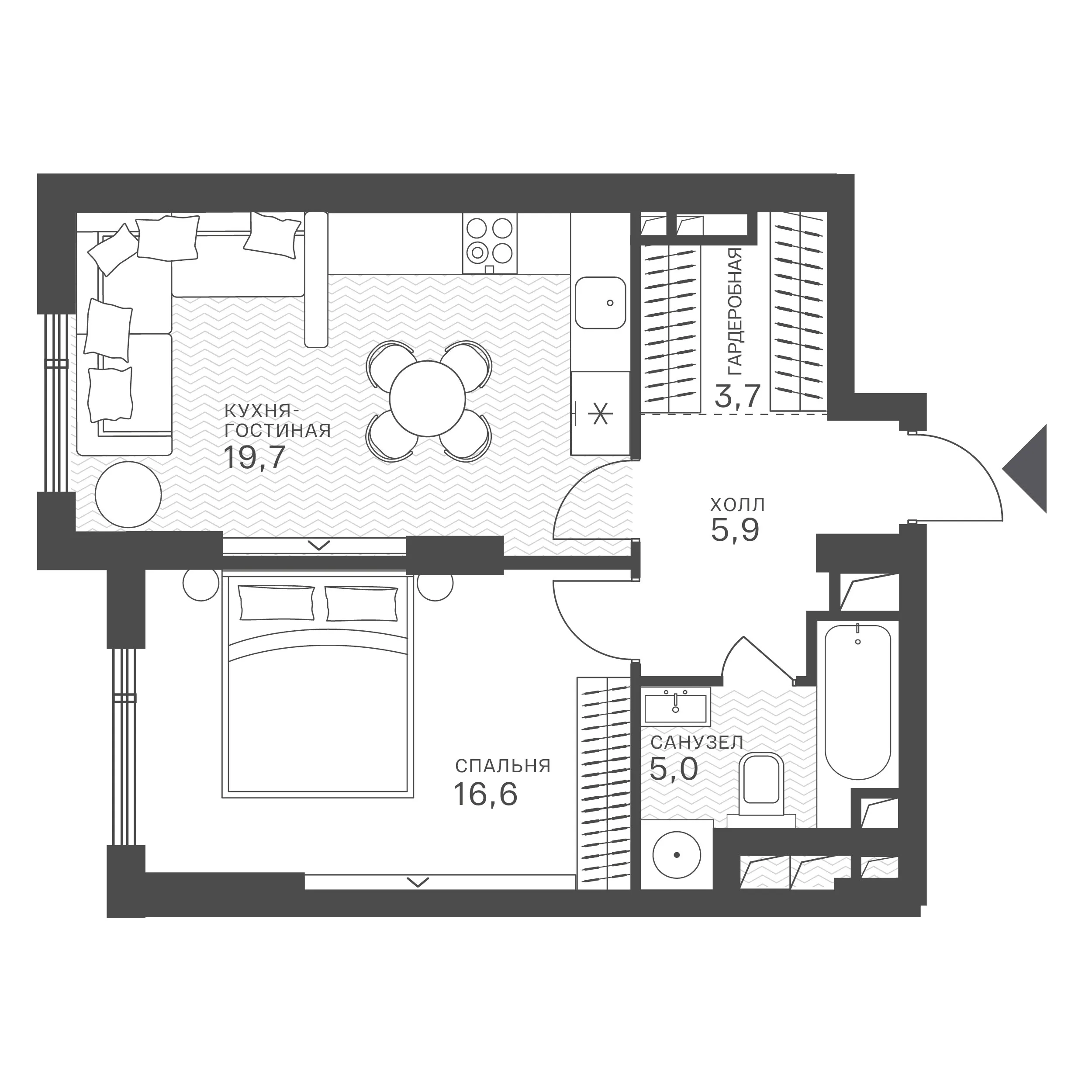 Планировка: 1-комнатная, 50,9 м²
