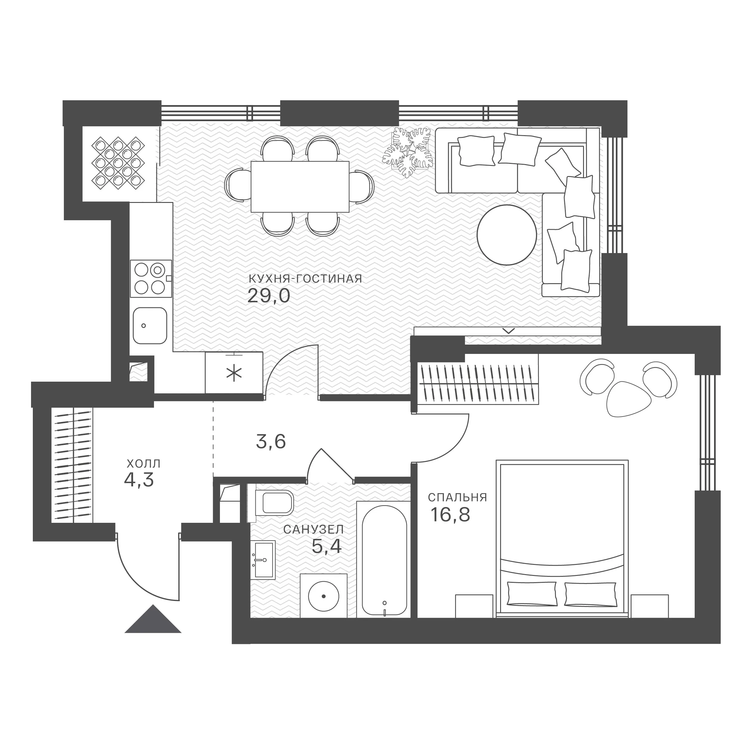 Планировка: 1-комнатная, 59,1 м²
