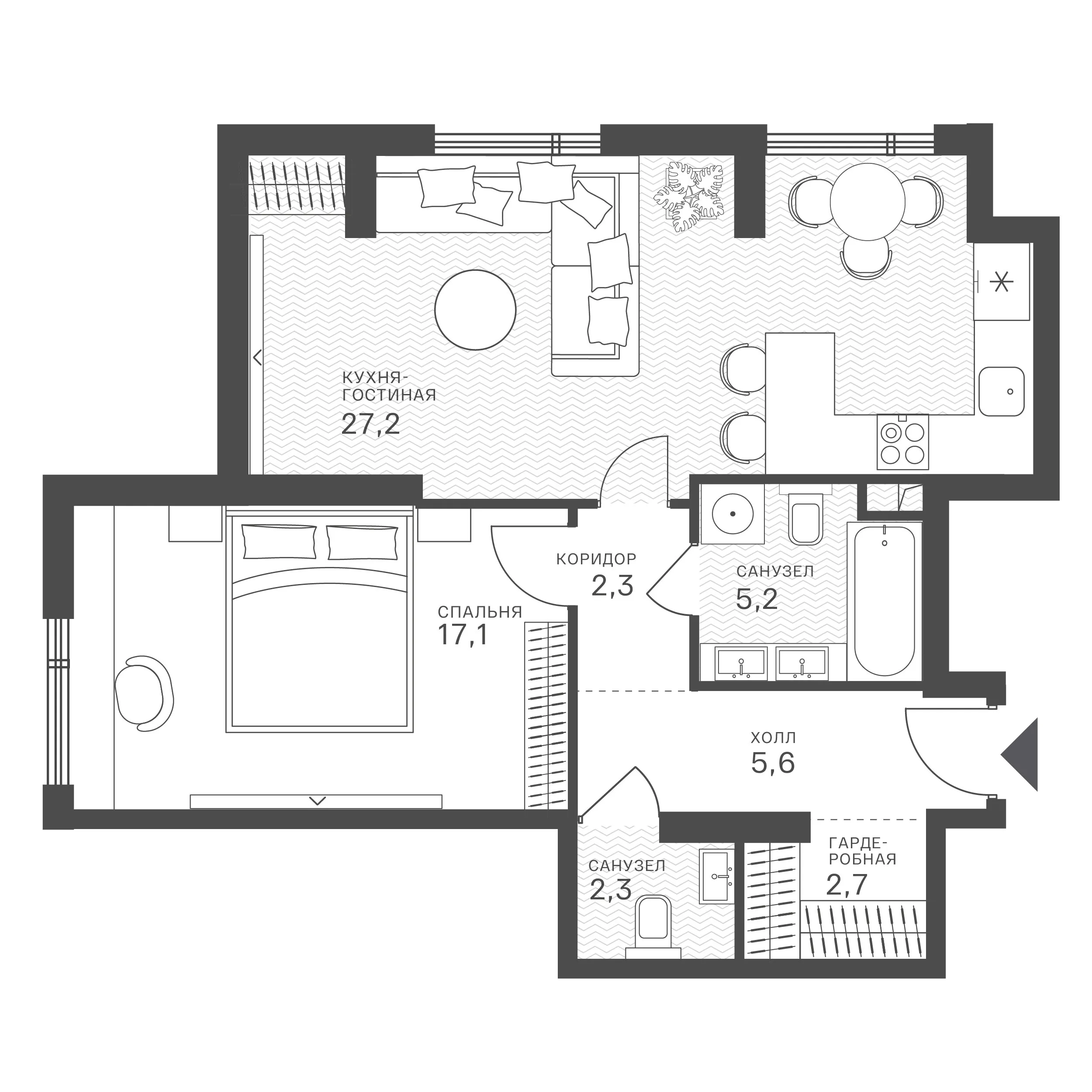 Планировка: 1-комнатная, 62,4 м²