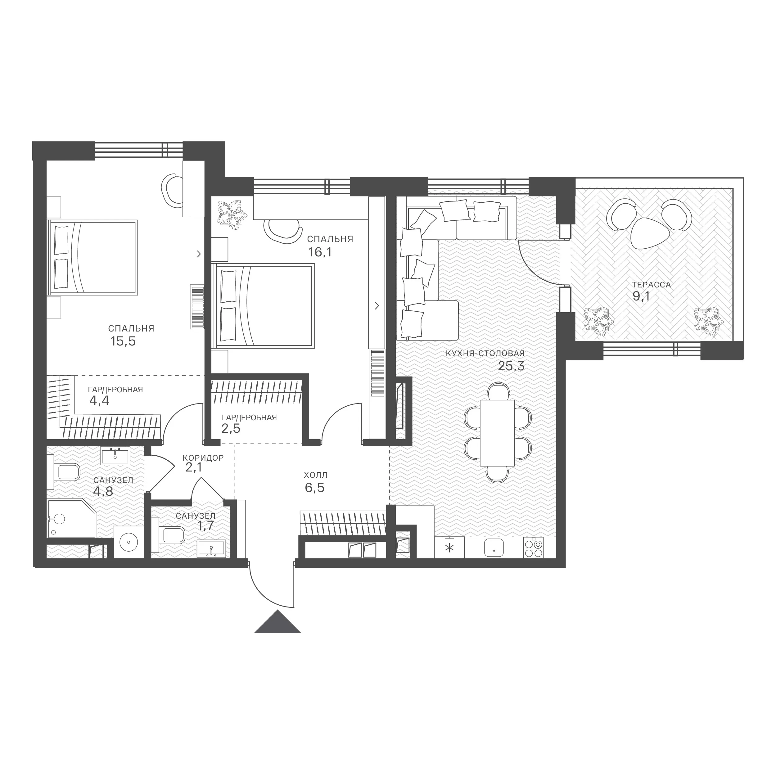 Планировка: 2-комнатная, 75,23 м²
