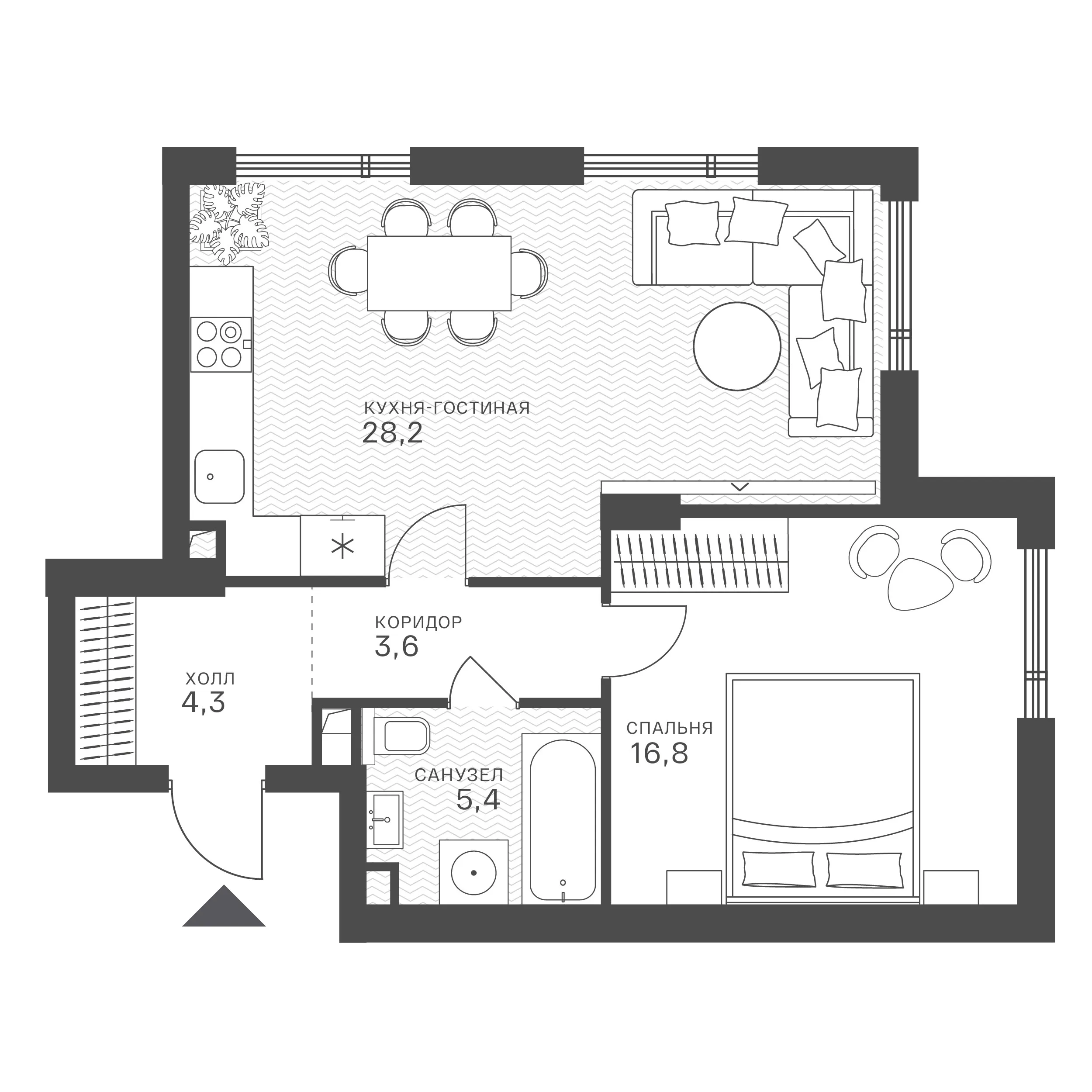 Планировка: 1-комнатная, 58,3 м²
