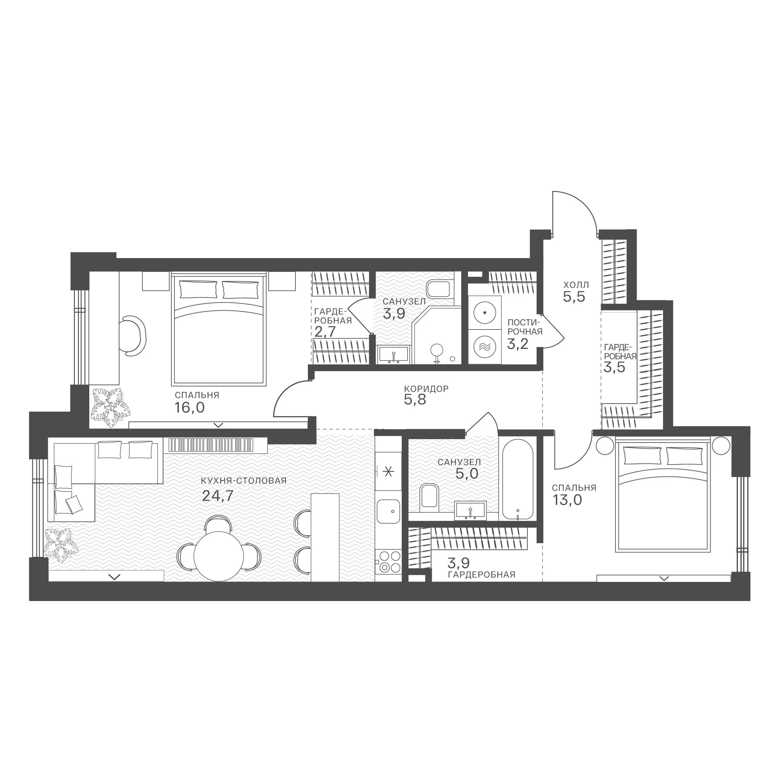 Планировка: 2-комнатная, 87,2 м²