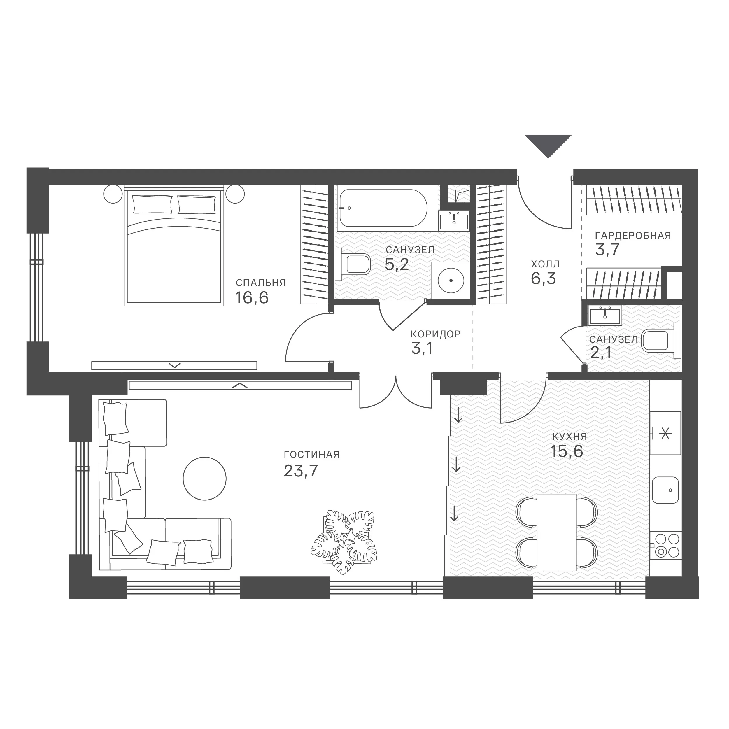 Планировка: 2-комнатная, 76,3 м²