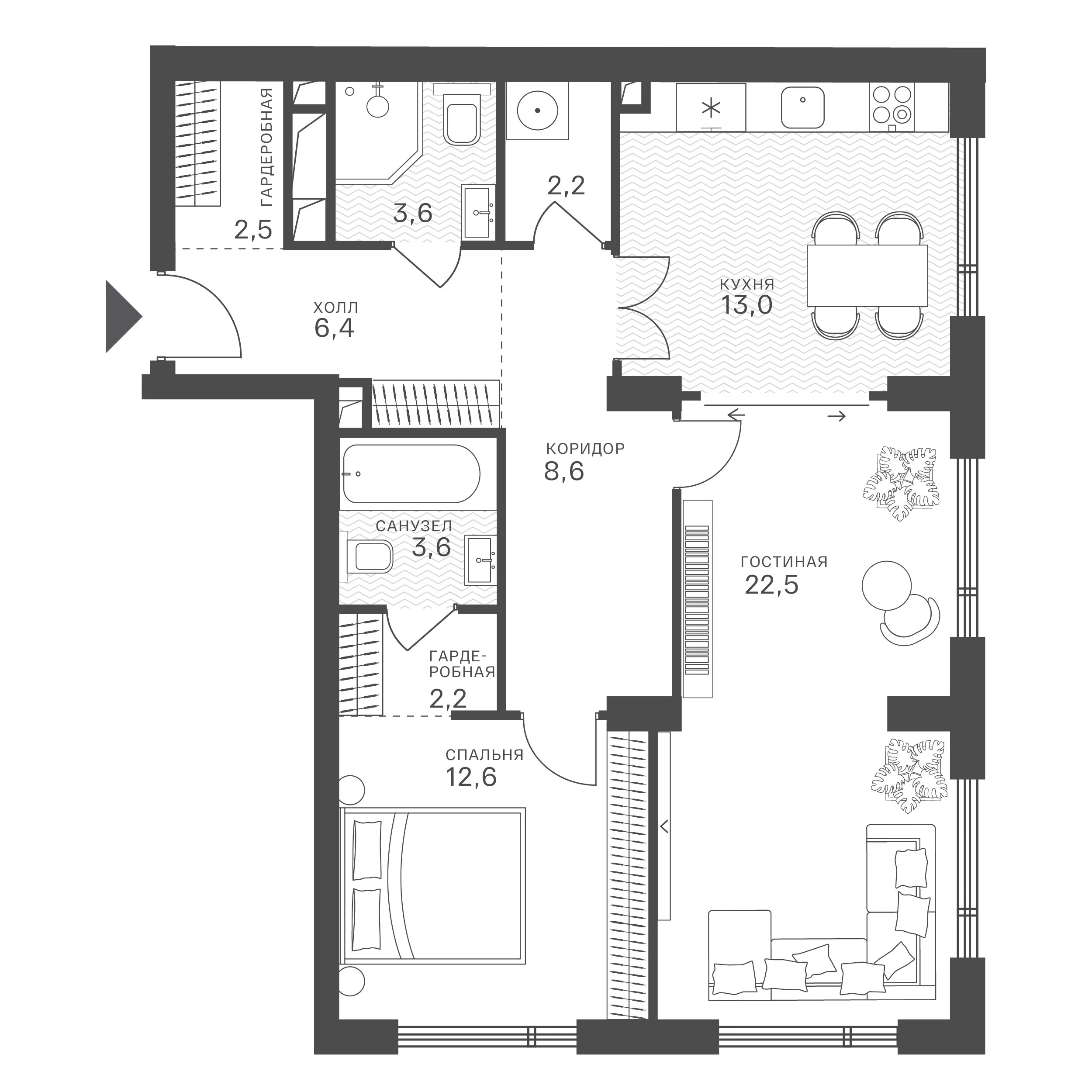 Планировка: 2-комнатная, 77,2 м²