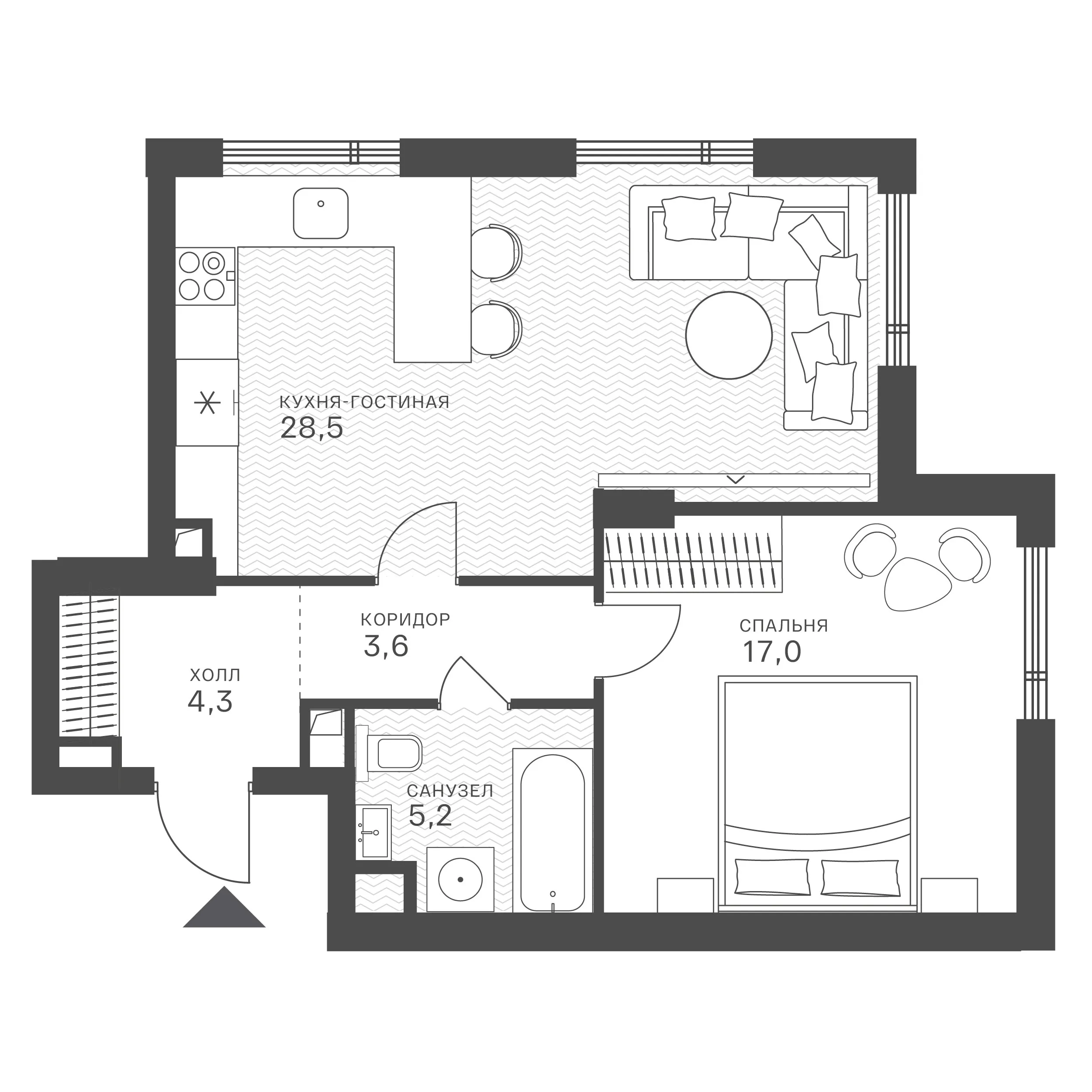 Планировка: 1-комнатная, 58,6 м²
